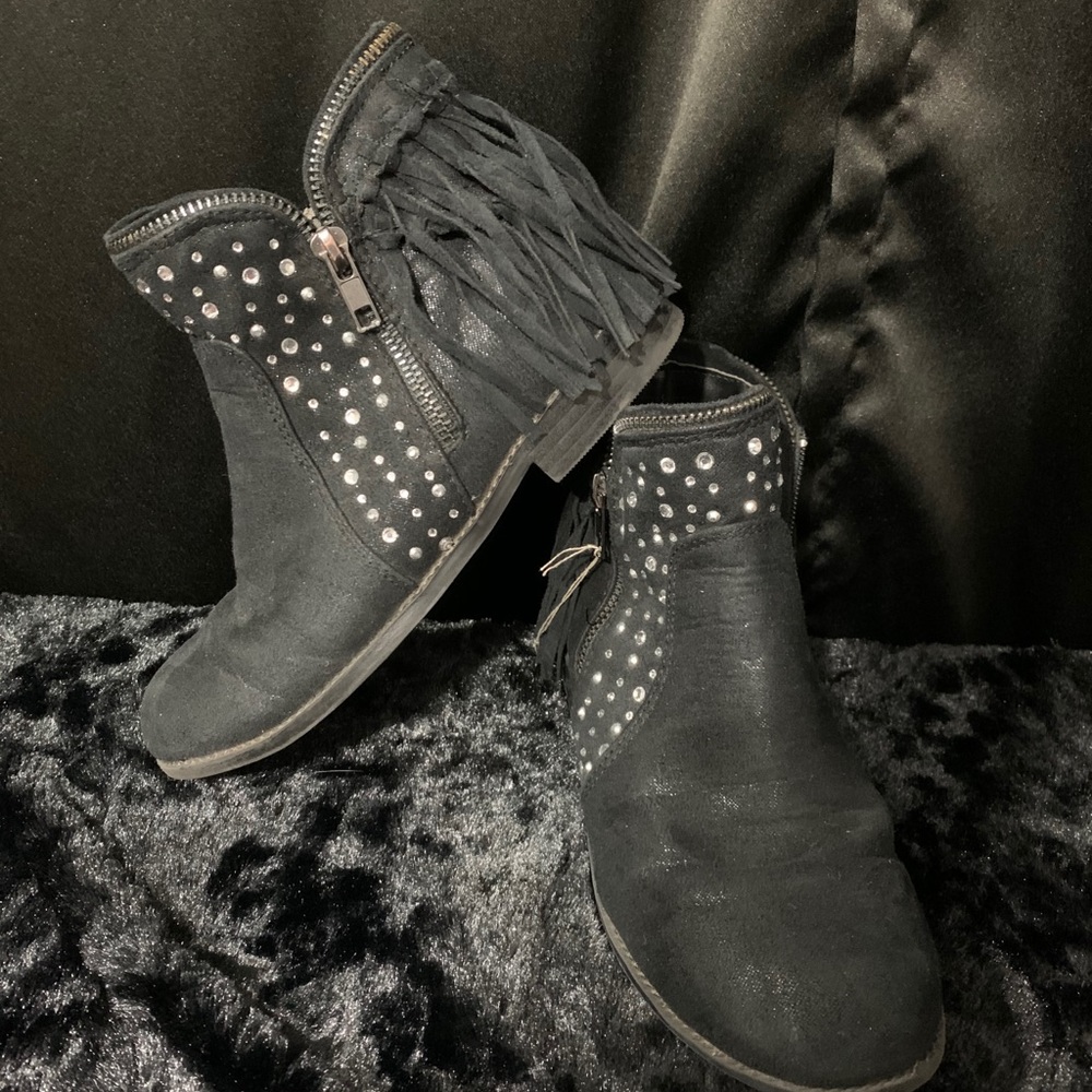 Justice Size 3 Black Zipper Fringe Bling Boots